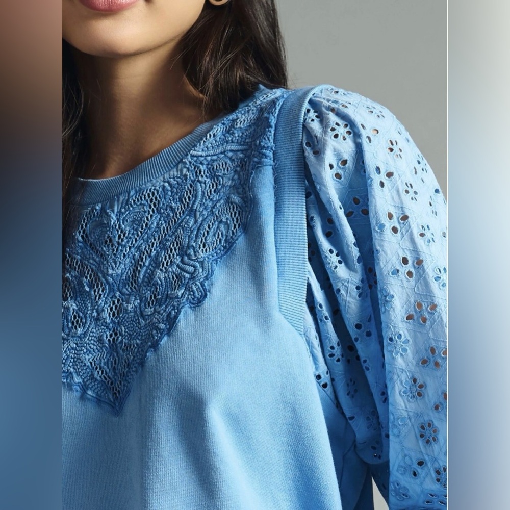 Anthropologie Pilcro Women Washed Eyelet Blue Sweatshirt Top Size XXS Preppy - Picture 3 of 16